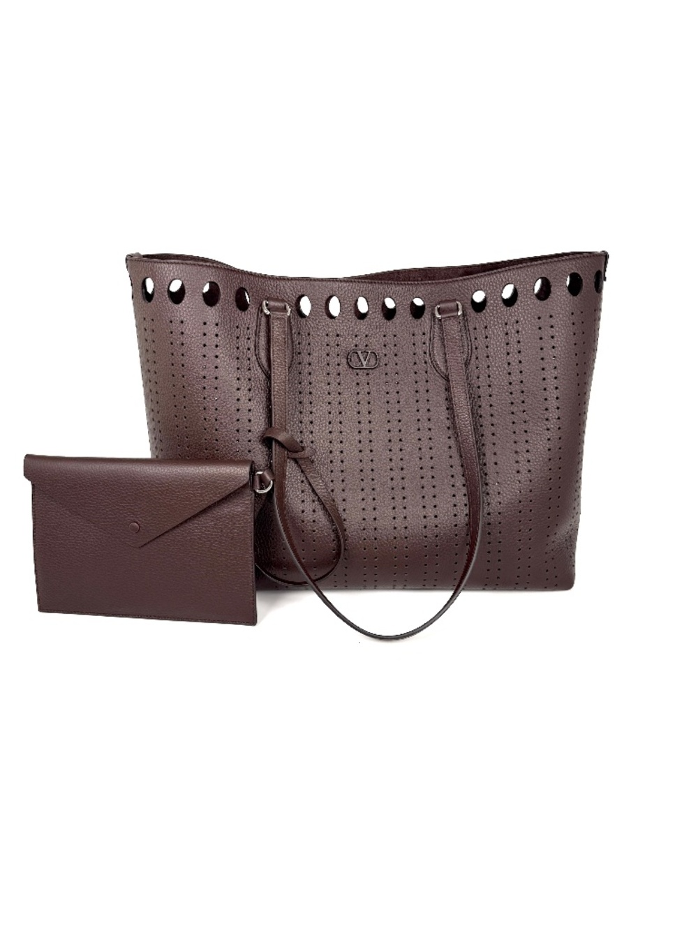 Valentino Garavani Dottie Shopping Perforated VLogo Dark Brown Leather Tote Bag